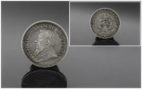 South African Boer Republic 2 1/5 Shillings. Silver Coin Date 1896. Bust of President J.P.