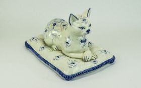 Italian Pottery Modern Blue & White Recumbent Cat Sat On A Realistically Modelled Cushion. Base 14 x