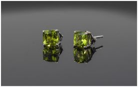 Peridot Stud Earrings, 2cts of cushion cut solitaire peridots set in platinum vermeil and silver