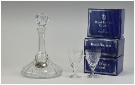 Ships Glass Decanter together with six Royal Doulton crystal sherry glasses in original boxes.