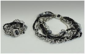 Mimco Multi Layered Necklace and Bracelet, the necklace comprising 3 rows of black glass beads,