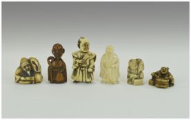 Collection Of Six Carved Ivory Figural Netsukes Five Signed To Base, Tallest 2¾ Inches