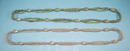 Pair of Matching Gemstone Necklaces, one rose quartz and one prehnite, each with three rows of small