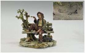 Capo-Di-Monte - Signed and Quality Figure ' Tramp on a Bench ' Feeding a Squirrel on Over Hanging