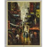 Tang Ping Modernist Oriental Oil On Board, Chinese Street Scene With Figures, Signed Bottom Right.