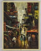 Tang Ping Modernist Oriental Oil On Board, Chinese Street Scene With Figures, Signed Bottom Right.