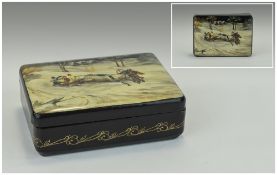 Russian - Signed and Hand Painted Lidded Lacquered Box with Troika Snow Scene and Mother of Pearl