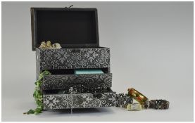 Black and Silver Patterned Jewellery Box containing an assortment of costume Jewellery