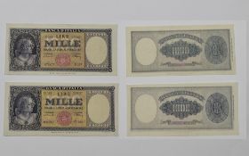 Banca Ditalia Pair of Uncirculated 1000 Lire 1947 Notes with Italia Watermark.
