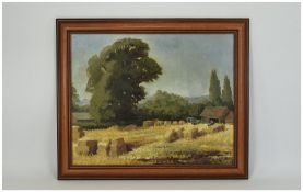 Oil on Board ',Country Hay Stacking Scene'. Signed bottom right Will Cooper. 15 by 19 inches.