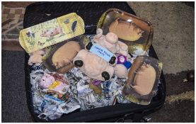 Suitcase containing a collection of Piggin Figures and associated items, soft toys,