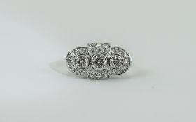 Ladies 18ct White Gold Diamond Cluster Ring Art Deco Style Ring Set With Three Central Round Cut