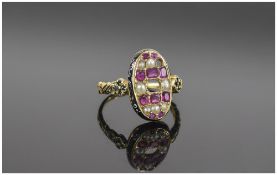 William IV 18ct Mourning Ring Set With Rubies and Pearls- With Enamel to Shoulders and Outer Ring