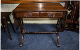 Mid 20thC Mahogany Sofa Table, Two Frieze Drawers, Short Drop Leaves,