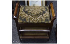 Early 20thC Piano Stool, hinged padded seat with two single music drawers.