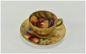 Royal Worcester Fine Hand Painted Miniature Cup and Saucer ' Fallen Fruits ' Apples and Berries