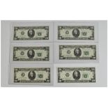 United States Collection of Six 20 Dollar Bills. Series 1969. All Mint/ Uncirculated Condition.