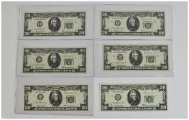 United States Collection of Six 20 Dollar Bills. Series 1969. All Mint/ Uncirculated Condition.