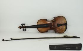Early 20thC Factory Made Violin 13.75 inch back. In fitted case, complete with two bows.