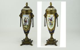 French Late 19th Century Ceramic and Brass Mounted Hand Painted Quality Lion Mask Twin Handle Vase,