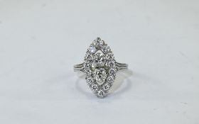 Ladies 18ct White Gold Marquise Shaped Diamond Cluster Ring Claw Set, Two Central Old Cut Diamonds