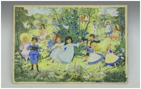 Painting of Children at Play 'Round the Mulberry Bush'. Signed Patricia Arnold. 18.