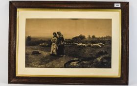 Oak Framed 19thC Print 'Country Landscape with sheep and two figures'. Glazed and mounted behind