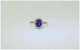 9ct Gold Diamond And Amethyst Ring Central Amethyst Surrounded By Round Cut Diamonds,