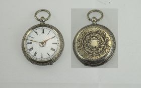 Swiss - Key wind Ladies Silver Fob Watch with White Porcelain Dial, Ornate Back.