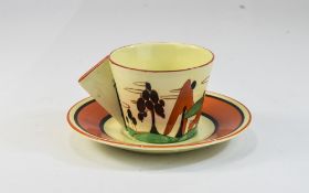 Clarice Cliff Art Deco Hand Painted Conical Shaped Cup and Saucer ' Trees and House ' Design. c.