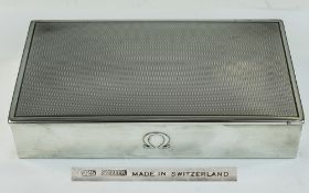 Omega - Swiss Silver Engine Turned Table Cigarette Box of Fine Quality by Tezler. Marked 925 Silver.