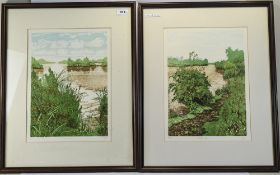 Pair Of Jan Dingle Limited Edition Framed Prints Titled Anglers Edge And Fishermans Mere,