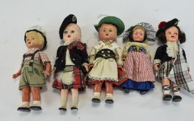 Collection Of Five Souvenir/Character Dolls, 2 In Tartan & 3 Dutch Clothes