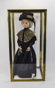 Late 19thC Doll Victorian Lady Dressed In Long Black Dress With Lace Mantle Around The Shoulders