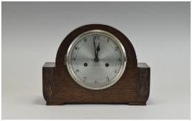 Early 20thC Oak Cased Mantle Clock, silvered dial, Arabic numerals. Marked Enfield.