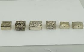 A Contemporary Collection of 6 Silver Ornate Pill Boxes, various sizes,