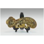 Oriental Carved Soapstone Scholars Wrist Res,t Translucent Stone Well Carved Depicting Mythical