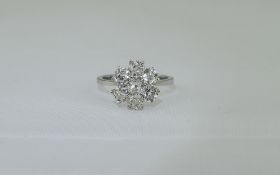 Ladies White Gold Flower Head Diamond Cluster Ring Claw Mount, Set With 7 Old Cut Diamonds, Approx