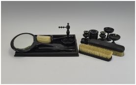 Late Victorian 12 Piece Ebony Dressing Table Set Comprising Tray, Mirror, Brushes, Candle Holders,