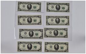 United States Collection of Eight 20 Dollar Bills. Series 1963 A. Mint/ Uncirculated Condition.