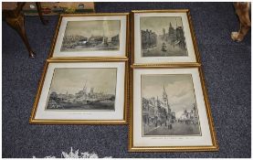Preston Interest. Four framed prints showing Views of Preston ''From the West'', ''Town Hall, Church