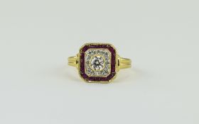 Ladies 18ct Gold Diamond & Ruby Ring Art Deco Style Ring Set With A Central Round Cut Diamond