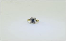 18ct Diamond And Sapphire Cluster Ring Flower Head Setting, Stamped 18ct.