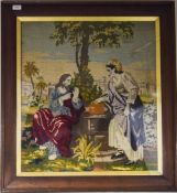 Large Oak Framed Religious Tapestry Depicting Jesus At The Well With The Samaritan Woman, 26x23