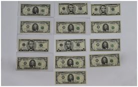 A Collection of United Stated of America Five Dollar Bills. In Mint/Uncirculated Condition.