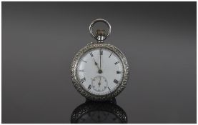 Ladies 1920's Keyless Very Fine Engraved and Ornate Silver Fob Watch With Porcelain Dial.