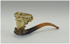 Meerschaum and Amber Pipe, the bowl carved with the detailed head of a lady,