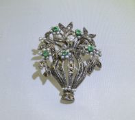 Emerald, Seed Pearl and Marcasite 'Forget-Me-Not' Brooch/Pendant, an openwork vase holds sprigs of
