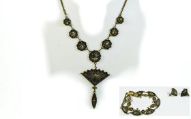 Mid 20thC Japanese Costume Jewellery Gilt Metal Bracelet, Necklace And earring Set, Fan Shaped Links