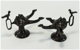Pair Of Bronzed Egyptian Style Aladdin Lamp Oil Burners